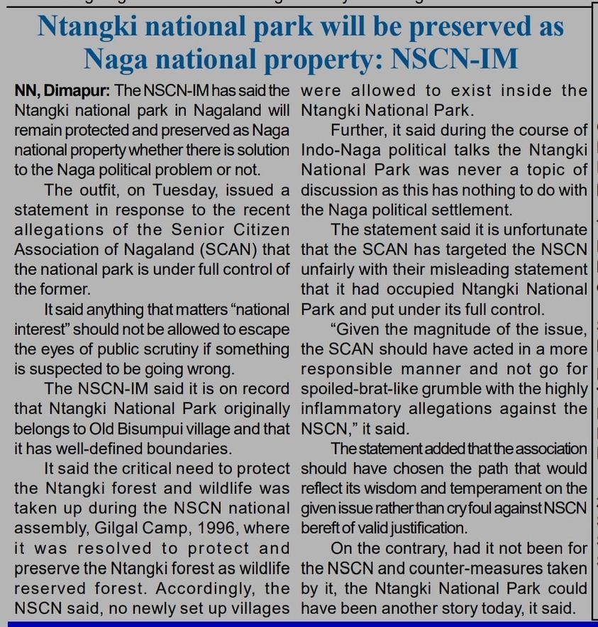 Ntangki national park will be preserved as Naga national property: NSCN-IM