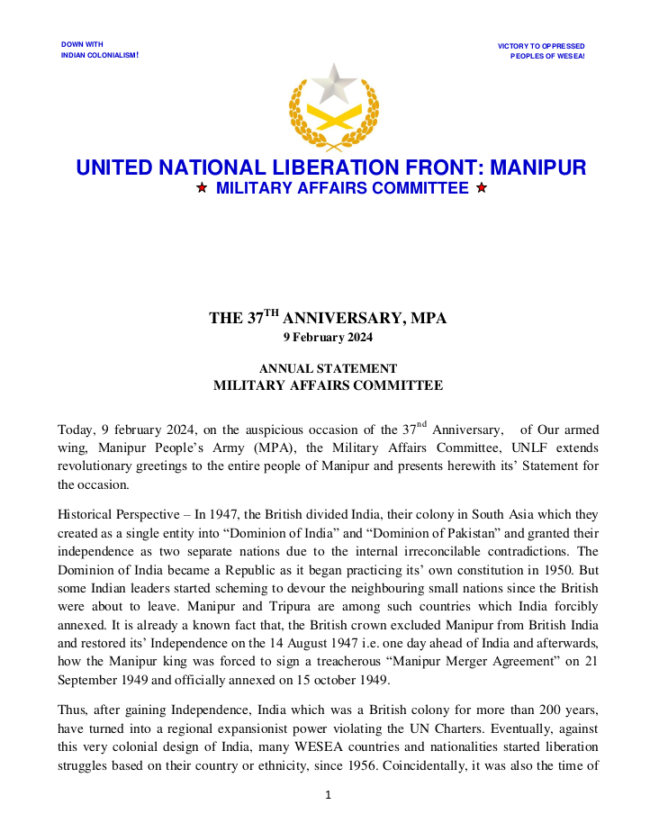 On the auspicious occasion of the 37nd Anniversary, of UNLF armed wing, Manipur People’s Army (MPA)